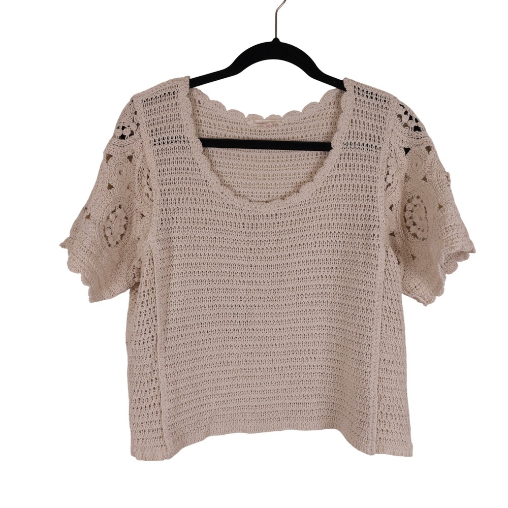 Solitaire Crochet Floral Medallion Cream Knit Top Women Large Boho Cottagecore